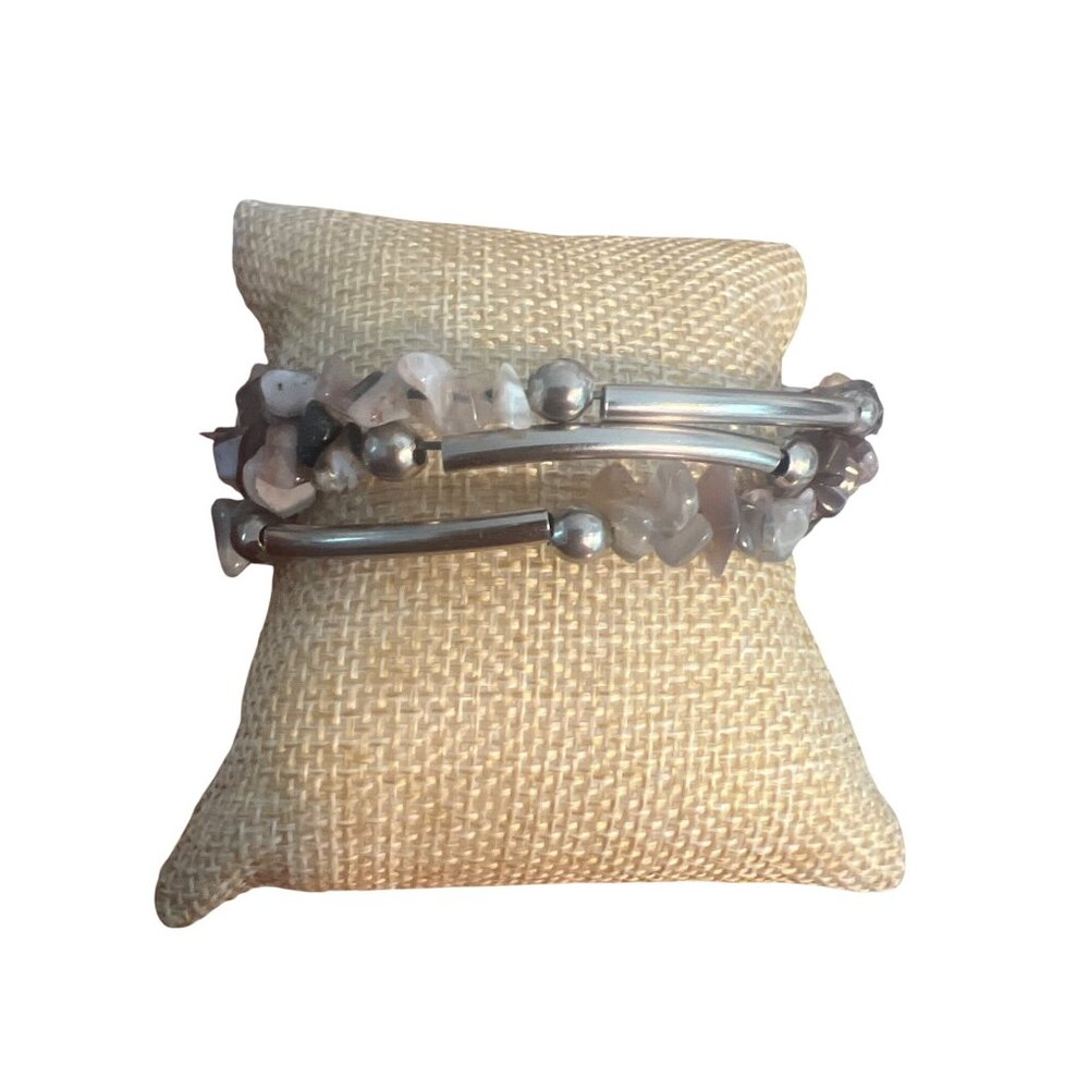 Vintage Silver Tone Wrap Bracelet Agate Quartz Chips Natural Stone Estate Adj 8"